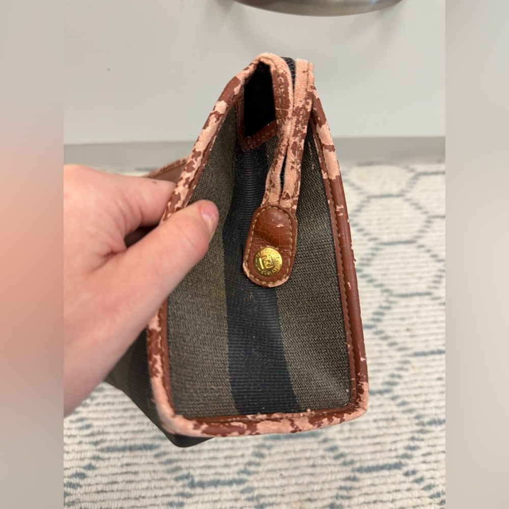FENDI Vintage Classic Brown Canvas Leather Pequin Striped Logo Clutch Pouch - Picture 11 of 16
